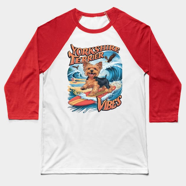 Wave-Riding Yorkshire Terrier Pup Baseball T-Shirt by coollooks